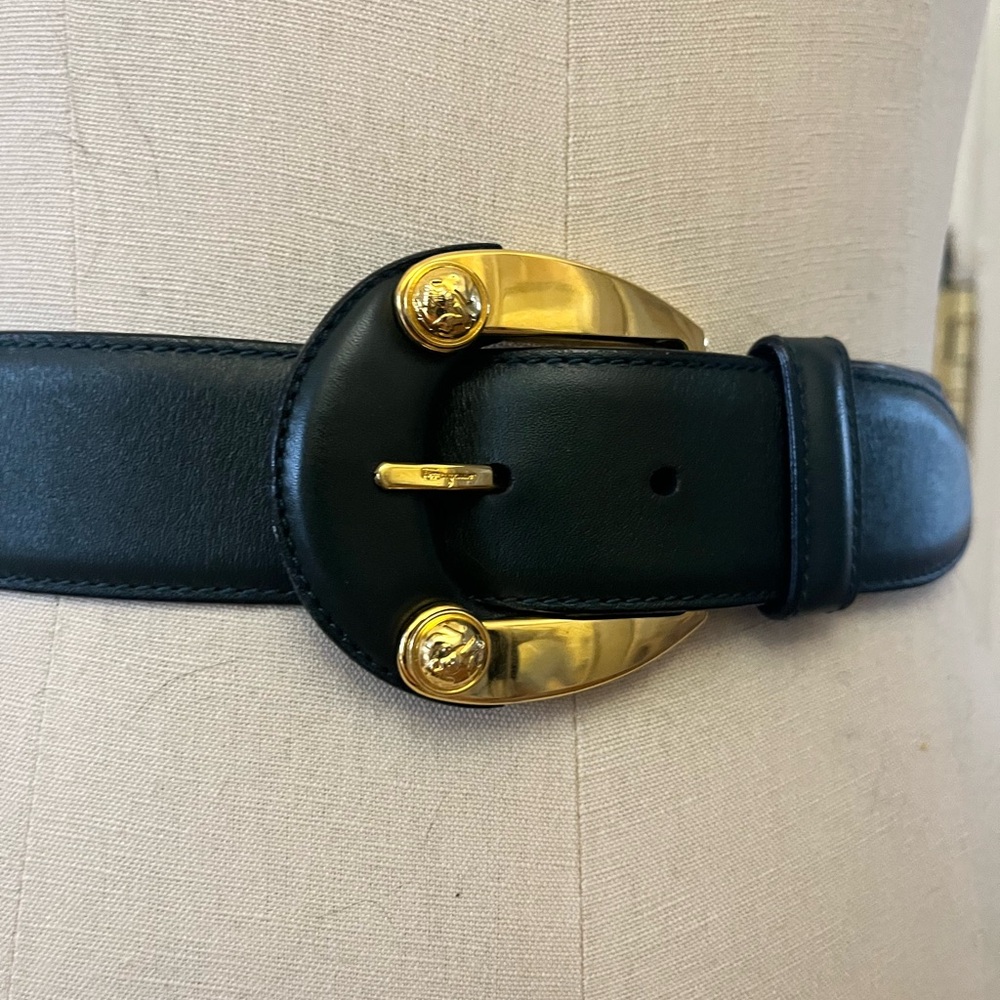 Salvatore Ferragamo Dark Green Leather Belt with Gold and Leather  Buckle